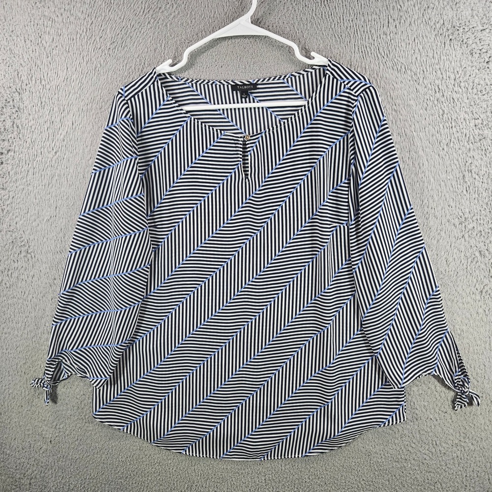 Talbots Womens Large Blouse Navy Blue White Striped Keyhole Tie Sleeve Top L‎